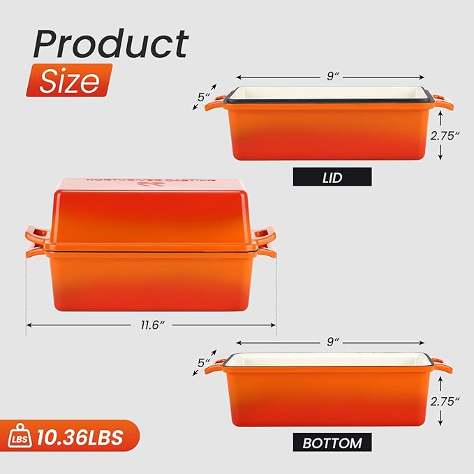 Northriver Casting Enameled Cast Iron Loaf Pan with Lid, Best Bread Oven, Bread Loaf Pans for Baking Homemade Sourdough Bread 9x5, 2 Piece set, Flame