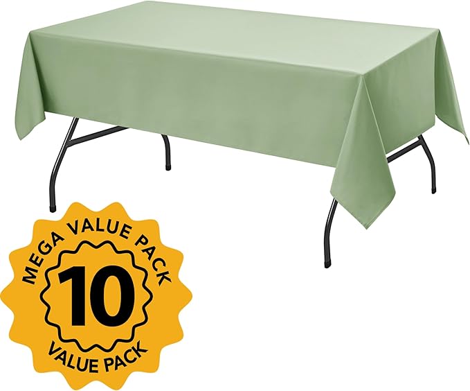 10-Pack Sage Green Tablecloths for Rectangle Tables, 60 x 102 Inches, Stain-Resistant Polyester Fabric for 6 Foot Tables - Washable Table Covers for Weddings, Birthday Parties, Events