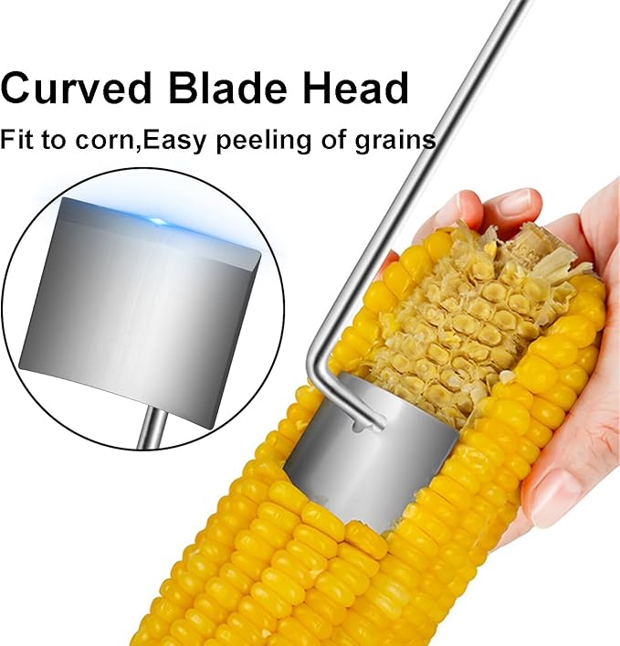 Long Handle Widen Shovel Surface Stainless Steel Corn Cutter with Hook,Corn Cob Stripper Tool,Corn Peeler for Corn on the Cob,Corn on the Cob Remover,Corn Stripper - Silver