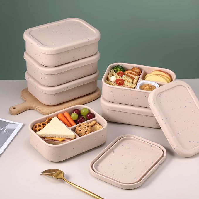 Honeydak 6 Pcs Silicone Bento Box for Adults, 3 Compartment Lunchable Food Container for Women Men, Leak Proof Microwave Dishwasher Freezer Safe (Beige)