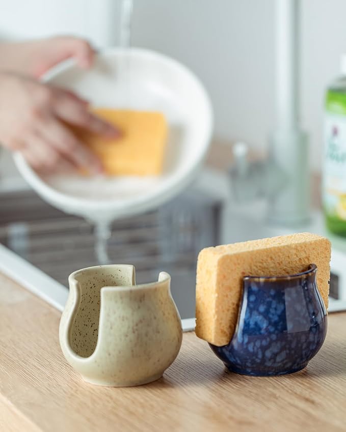 Ceramic Dish Sponge Holder, Sponge Caddy for Kitchen Sink Brush Organizer Scrub Dish Rack for Scrubbers, Bathroom, Sink, Yellow