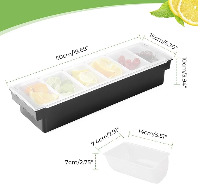 Fruit, Veggie & Condiment Caddy with Lid Dispenser Tray Garnish Station for Bartending & Serving Taco (2, 6 Compartment)