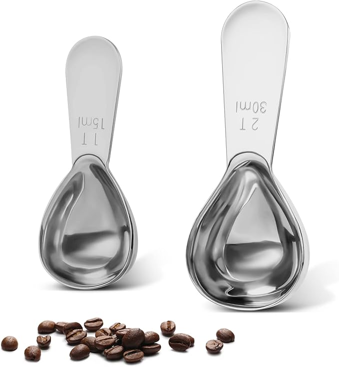 Safring Stainless steel coffee scoop 2-piece set (1 tbsp, 2 tbsp) durable Tablespoon, ergonomic measuring spoon, Suitable for small and large jars，short-handled spoon (Silver)