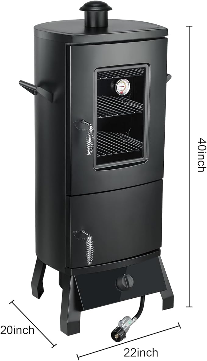Propane Smoker with Cover, Vertical Meat Gas Smoker Grill Outdoor Heavy Duty 3 Removable Smoking Racks, Black