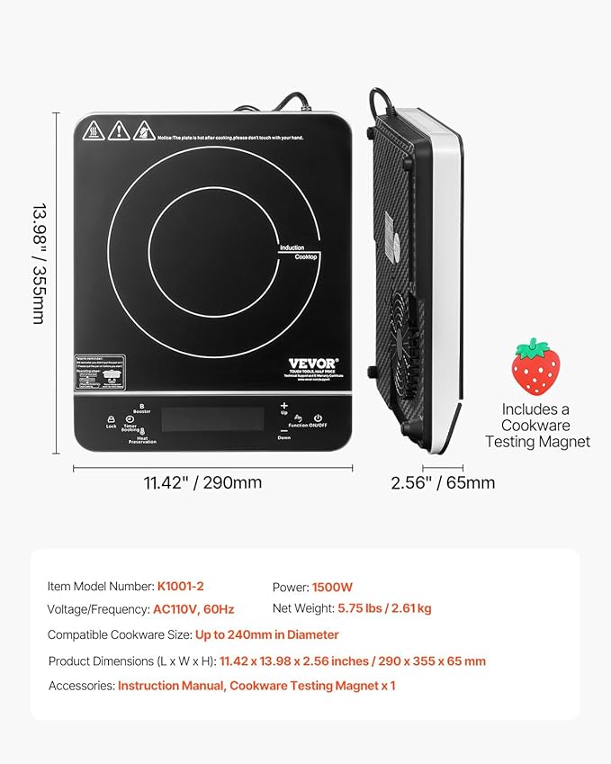 VEVOR Portable Induction Cooktop, 1500W Electric Induction Burner with 9 Temperature Settings, Countertop Induction Hot Plate with 4H Timer, 24H Reservation, Child Lock, Easy to Clean, for Cooking