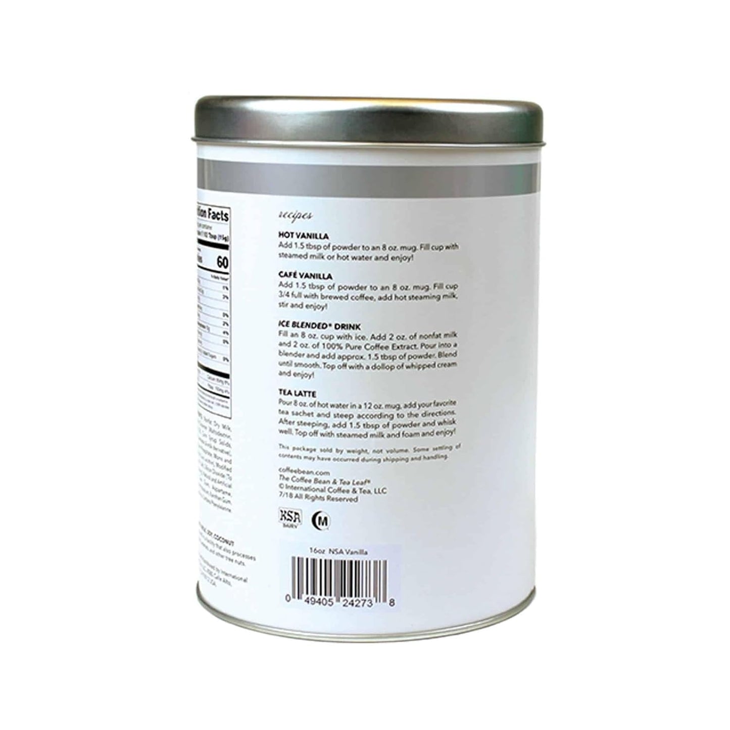 The Coffee Bean & Tea Leaf, Vanilla (No Suger Added) Creamer for Coffee, Lattes, Smoothies, Drinks, Baking, 22oz tin, 2 pack