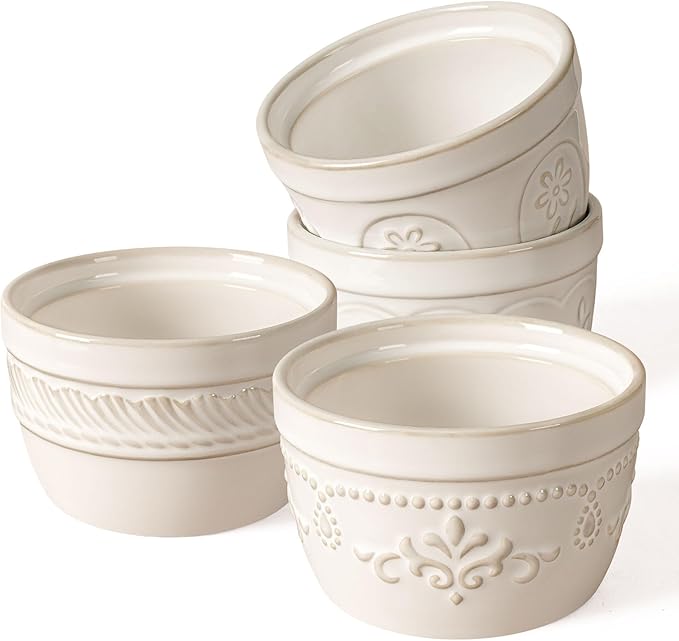 Artena Ramekins Oven Safe, Creme Brulee Ramekins, Embossed White Ceramic Ramiken, Souffle Pudding Custard Cups, Baking Dish, Dipping Bowls, Sauce Cups, Set Of 4 (Multiple Patterns, 4 oz)