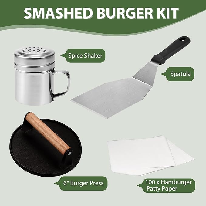 EWFEN Smash Burger Kit, Cast Iron Press, Spatula, Seasoning Shaker and Patty Papers, Flat Top Griddle Grill Cooking, Outdoor Barbecues