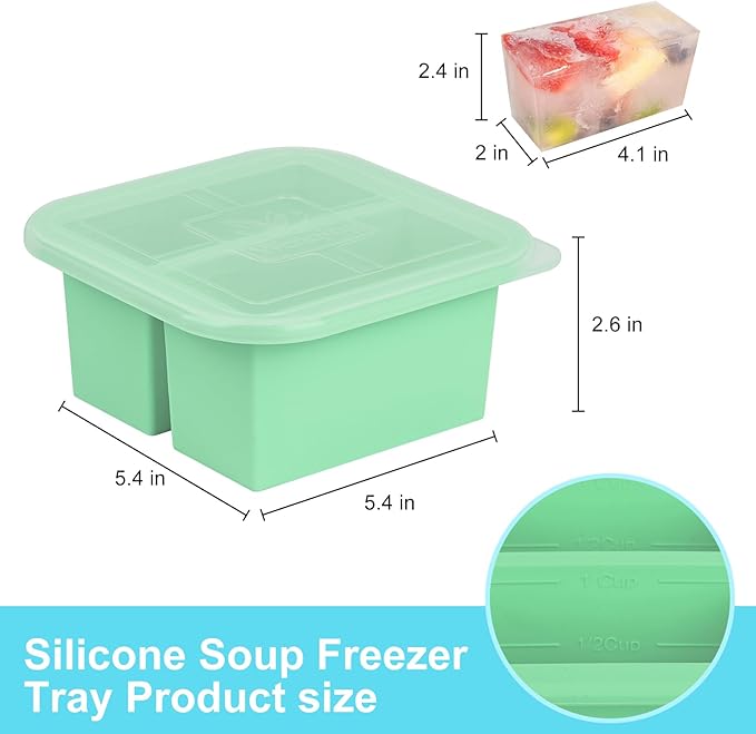 Silicone Freezer Tray with Lid 4 Pack Silicone Freezer Molds Ice Cube Tray Makes 8 Perfect 1 Cup Portions Soup Cubes Meal Prep Containers- Oven & Dishwasher Safe