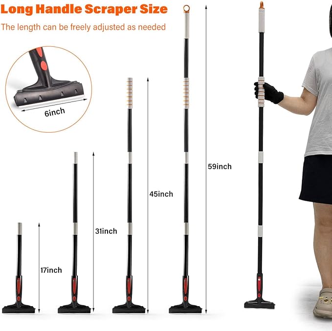 Gomake Extendable Floor Scraper Heavy Duty 6" Wide Razor Blade Scraper Tool with 17‘’-59" （1.4ft- 4.9ft）Long Handle, 10PCS Extra Metal Blades for Cleaning Glass Wall Gum Paint Tile Glue