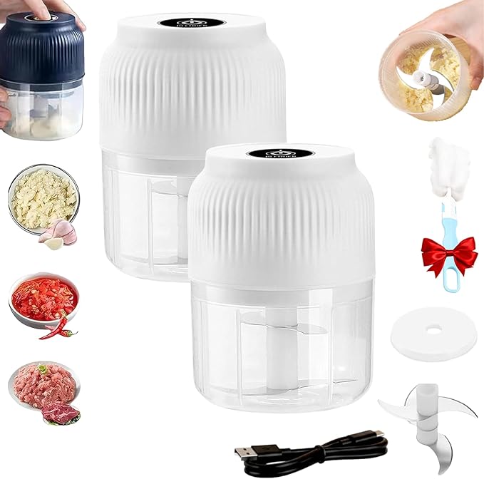Electric Garlic Chopper, Mini Portable Veggie Cutter, Rechargeable Wireless Electric Food Chopper with 4 Stainless Steel Blades, One-Press Fast Prep for Garlic, Onion, Chili, Ginger, Meat (2Pcs A)