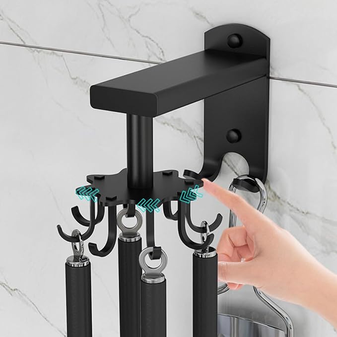 Cabilock Rotatable 8-Claw Wall Mounted Hanger Kitchen Utensil Hook Black Space Aluminum 360-degree Swivel Organizer for Cup and Sundries Storage