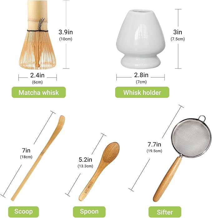 SHONMISEN Bamboo Matcha Whisk Set -Matcha Whisk (Chasen),Whisk Holder(White),Sifter,Tea Scoop and Tea Spoon