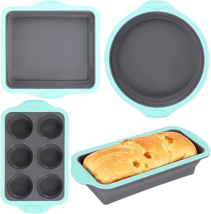 4PCS Silicone Baking Pan Set, Stackable Nonstick Baking Pans Set with Long-lasting Grip Handles & Metal Reinforced Frame, Kitchen Baking Kit for Baking Muffin, Loaf, Round & Square Cake Pans