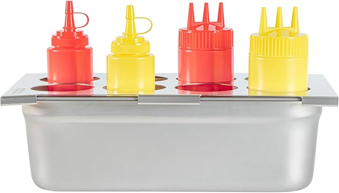 Restaurantware Squeeze Bottle Template Pack of 1 Stainless Steel 8 Hole Holder Top, 2.5" Diameter Fits 1/3 Size Food Pans, Dishwasher Friendly Integrated Lip Design Holder Top for Condiment Bottles