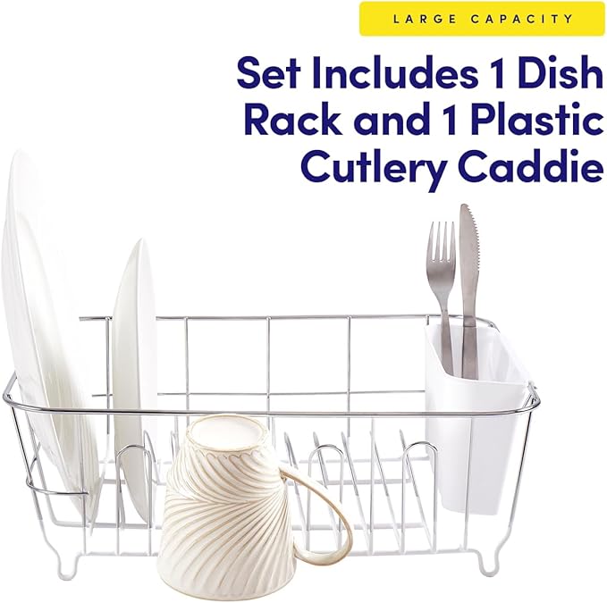 Sweet Home Collection Metal 2 Piece Dish Drying Rack Set Drainer with Utensil Holder Simple Easy to Use Fits in Most Sinks, 14.5" x 13" x 5.25", White