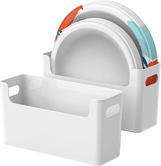 2Pcs Paper Plate Dispenser for 6-9.5 Inch Disposable Plates, Space-Saving Plastic, Foam and Paper Plate Storage Organizer for Cabinet, Countertop, RV or Outdoor (White)