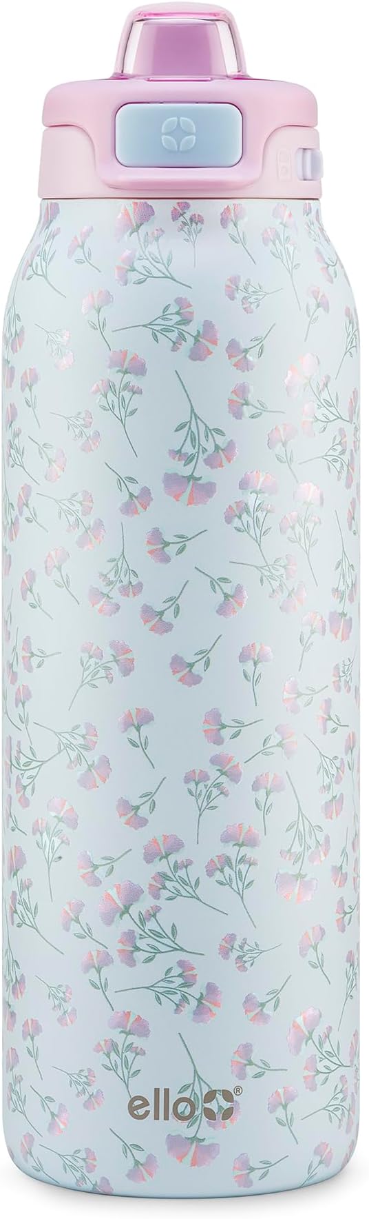 Ello Pop & Fill 32oz Stainless Steel Water Bottle with QuickFill Technology, Double Walled and Vacuum Insulated Metal, Leak Proof Locking Lid, Straw and Chug, Reusable, BPA Free, Serene Bloom