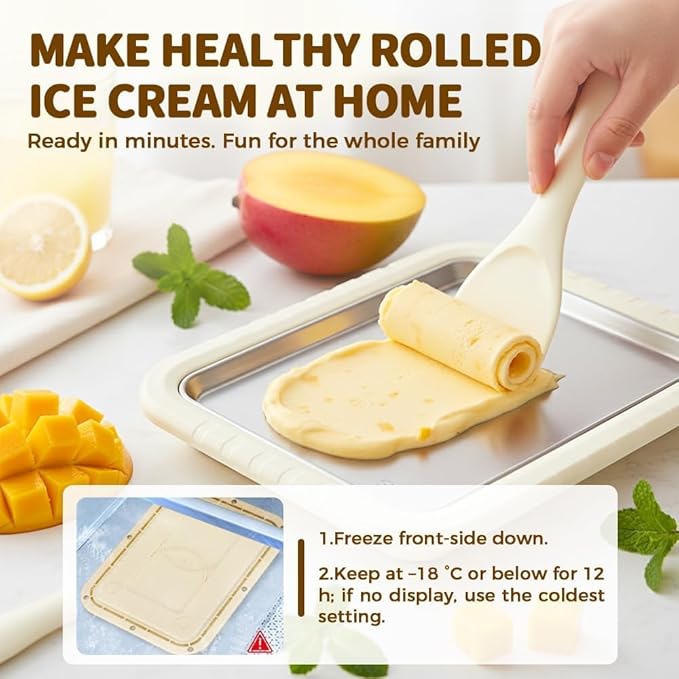 Rolled Ice Cream Maker Tray with Lid and 2 Scrapers, 304 Stainless Steel Ice Cream Roll Pan, 10.2 x 8.3 x 1.3 Inch Manual Instant Frozen Dessert Maker for DIY Ice Cream, Yogurt, Sorbet, Family Fun