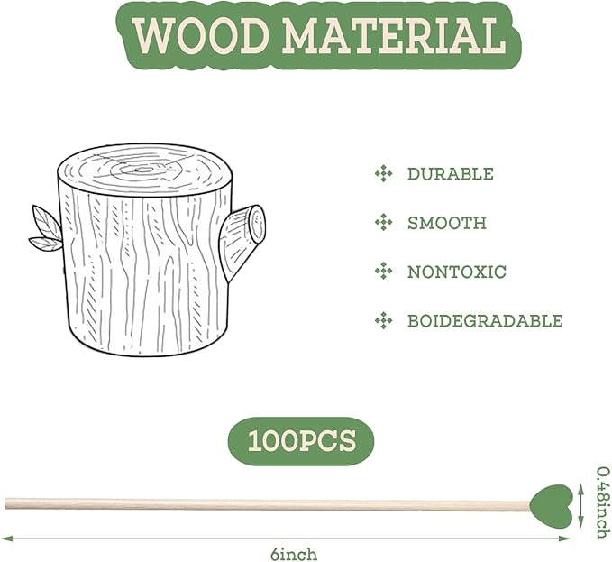100 Pcs 6" Green Heart St. Patrick's Day Wooden Swizzle Sticks, Cocktail & Coffee Drink Stirrers, Cake Pop & Lollipop Sticks for Irish Festival Party Wedding