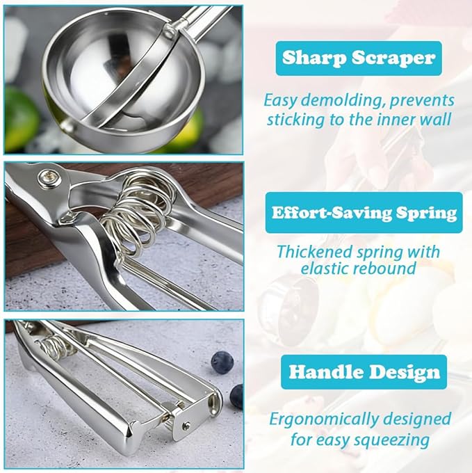 Gold Ice Cream Scoop 304 Stainless Steel Cookie Scoops for Baking Melon Baller with Trigger 3 Sizes (Silver, S)