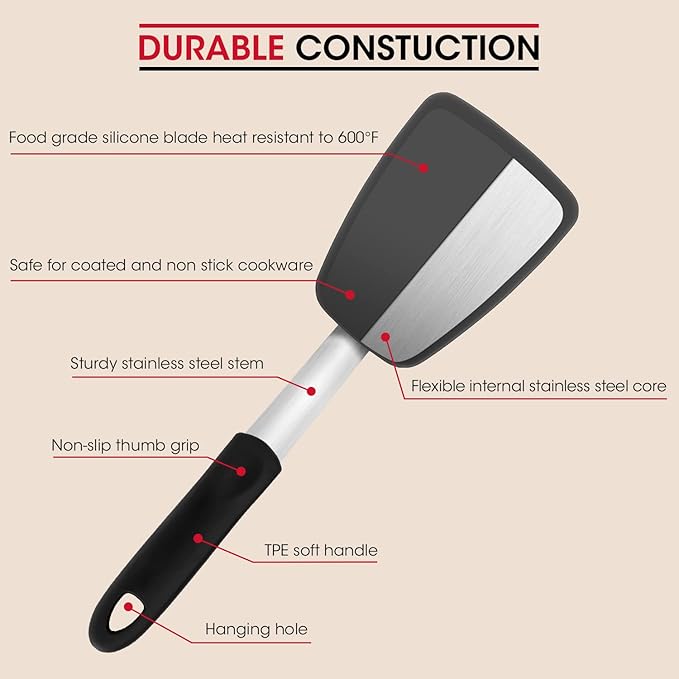 Unicook Flexible Silicone Spatula Turner 2 Pack, 600°F Heat Resistant Spatula for Nonstick Cookware, Essential Kitchen Cooking Utensil for Flipping Eggs, Burgers, Crepes and More, Small and Medium