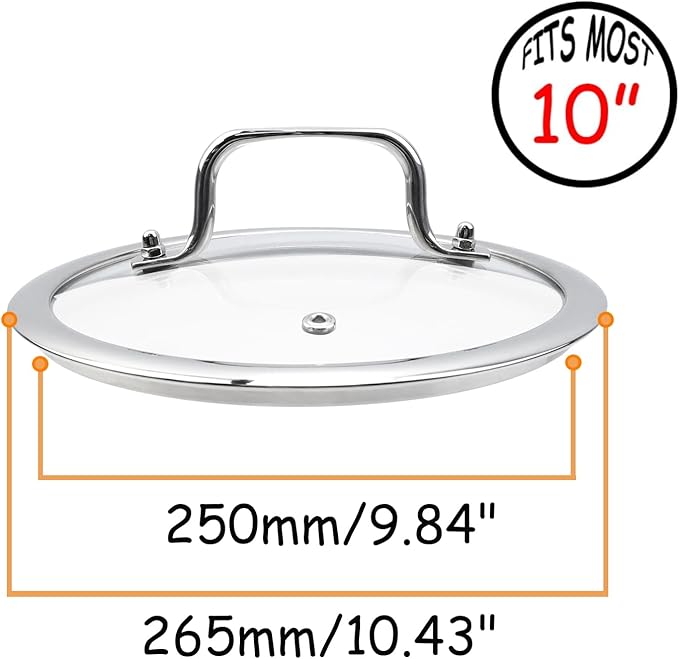 HEVSTIL 10 Inch Tempered Glass Lid Pan Lid for Frying Pan Glass Lid with Stainless Steel Handle Pan Lid Glass Vented Skillet Cover for Frying Pan Lodge Cast Iron Skillet