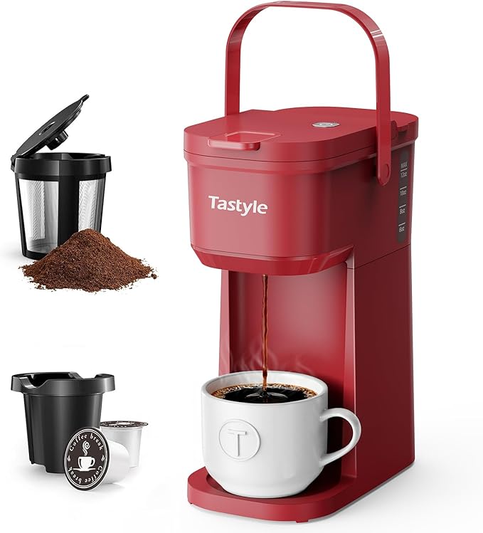 Tastyle Single Serve One Cup Coffee Maker, for K Cups and Grounds, Mini Coffee Maker with Portable Handle, 6 to 12 Oz Brew Size, for Travel, Camping, Office, RV and Dorm, 120V, Vintage Red
