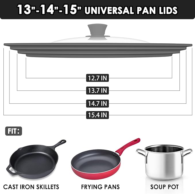 13-14-15 in Universal Pan Lid, Extra Large Silicone Pot Lid for Pots, Pans & Skillets, Replacement Frying Pan Lid with Heat Resistant Silicone Knob, Dishwasher Safe, Grey