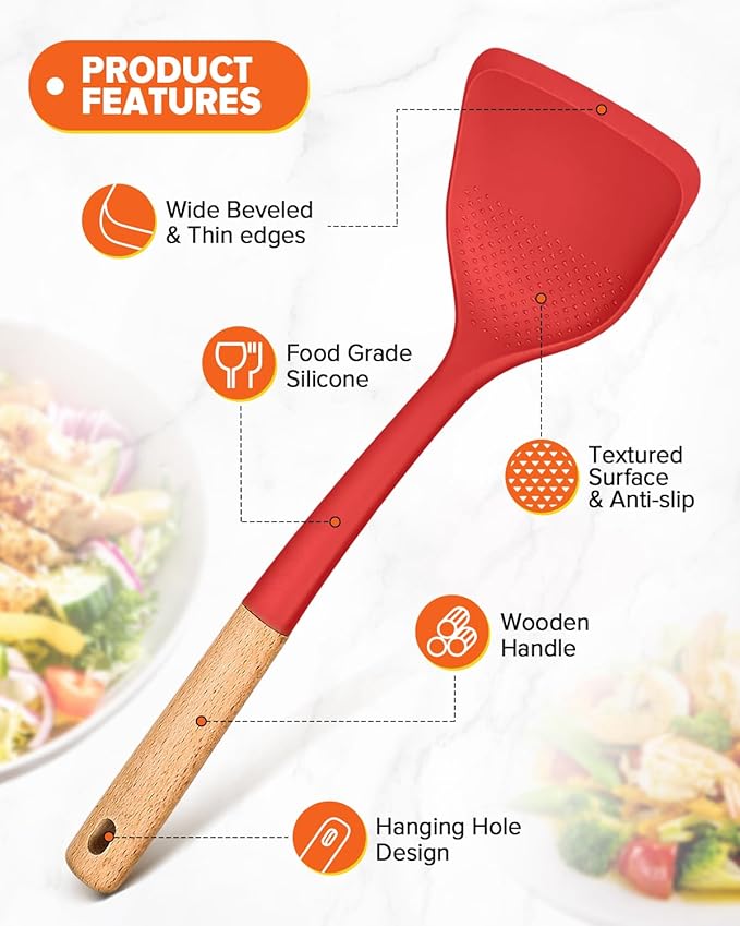 Silicone Wok Spatula Turner Set, Perfect for Scooping, Flipping, Lifting Pancakes and Picking up Veggies, BPA-Free Matte Silicone, Wooden Handles, Safe for Nonstick Cooking Surfaces (Red)