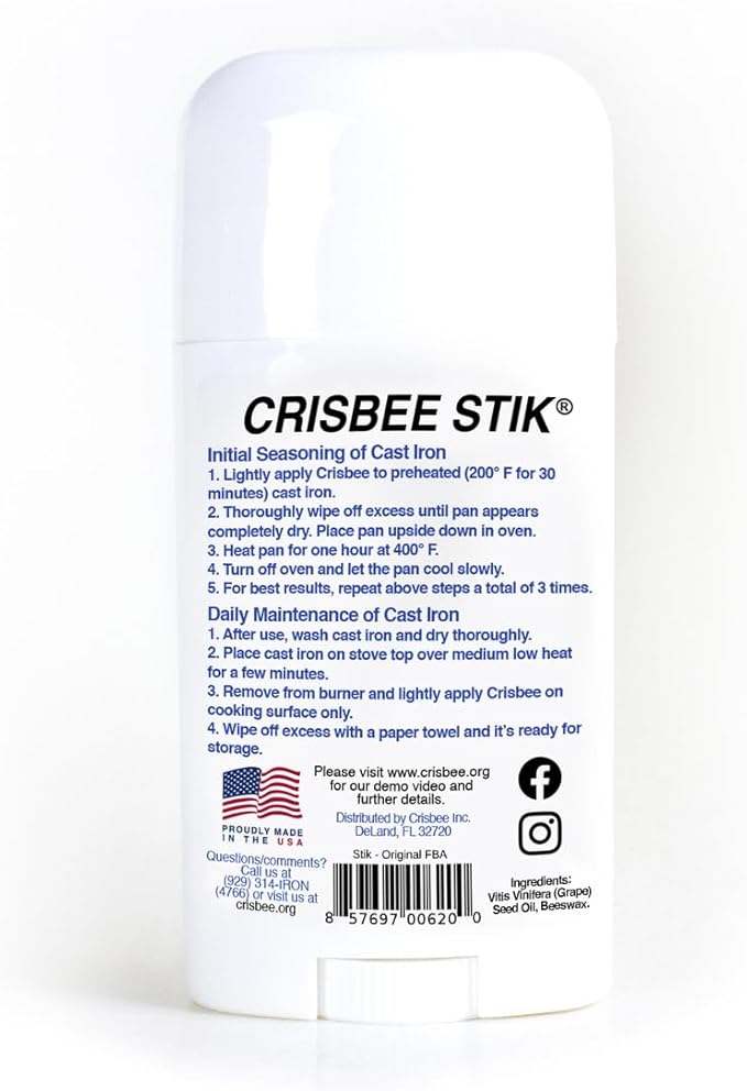 Crisbee Stik® Cast Iron and Carbon Steel Seasoning - Family Made in USA - The Cast Iron Seasoning Oil & Conditioner Preferred by Experts - Maintain a Cleaner Non-Stick Skillet