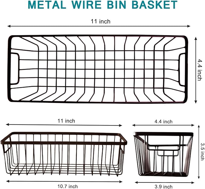 Farmhouse Metal Wire Bin Basket with Handle - Small, 4 Pack - Rustic Home Storage Organizer for Cabinets,Pantry,Closets,Cupboards, Shelves,Countertops,Bathroom Vanity,Kitchen,Bedroom (Bronze)