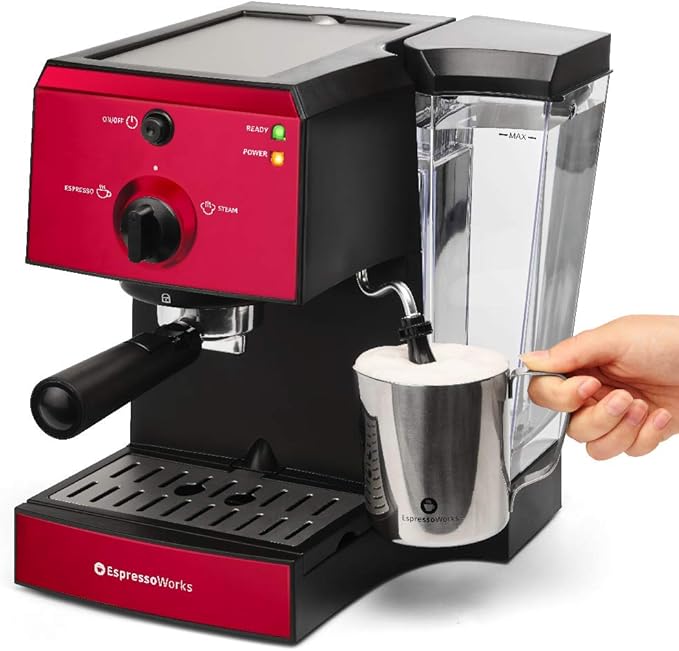 EspressoWorks All-In-One Espresso Machine with Milk Frother 7-Piece Set - Cappuccino Maker Includes Grinder, Frothing Pitcher, Cups, Spoon and Tamper - Coffee Gifts (Red)