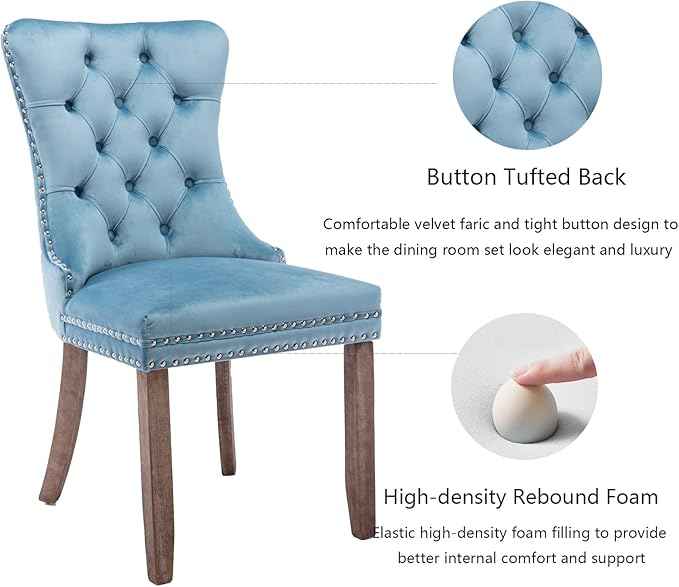 Upholstered Dining Chairs Set of 6, Velvet Dining Room Chairs with Back Ring Pull Trim and Solid Wood Legs, Tufted Wingback Kitchen Chair Perfect for Dining Room,Living Room,Kitchen(Light Blue)