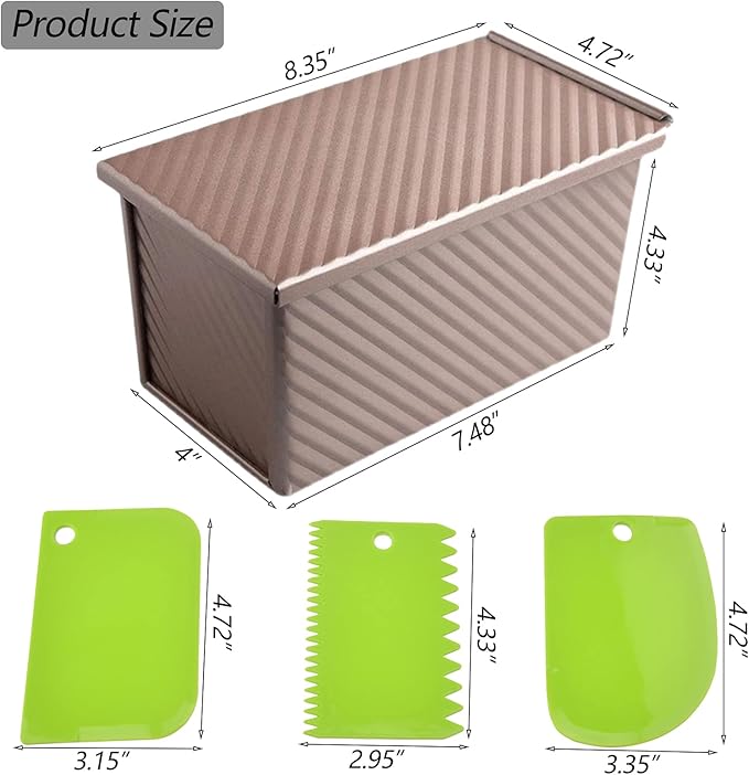 Pullman Loaf Pan with Lid, Aluminized Steel 1 Lb Nonstick Sandwich Bread Pan for Homemade Bread, 8.4x4.8 Inch Professional Rectangular Loaf Pan with Dough Scraper and Cutter