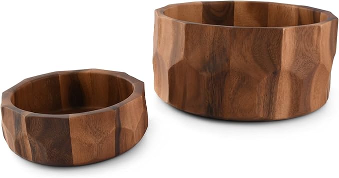 Arthur Court Acaica Wood Salad Serving Bowl for Fruits or Salads - Curved Faced Diamonds Sides Modern Centerpiece Bowl 12 inch Diameter 6 inch tall