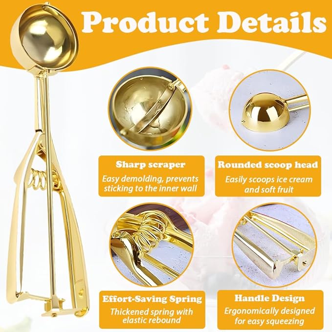 3 Pcs Ice Cream Scoop with Trigger Release, 304 Stainless Steel Cookie Scoops for Baking & Food Prep, Easy to Clean Dishwasher Safe Scooper for Ice Cream, Cookie Dough, Cupcakes, Fruit and Meatballs