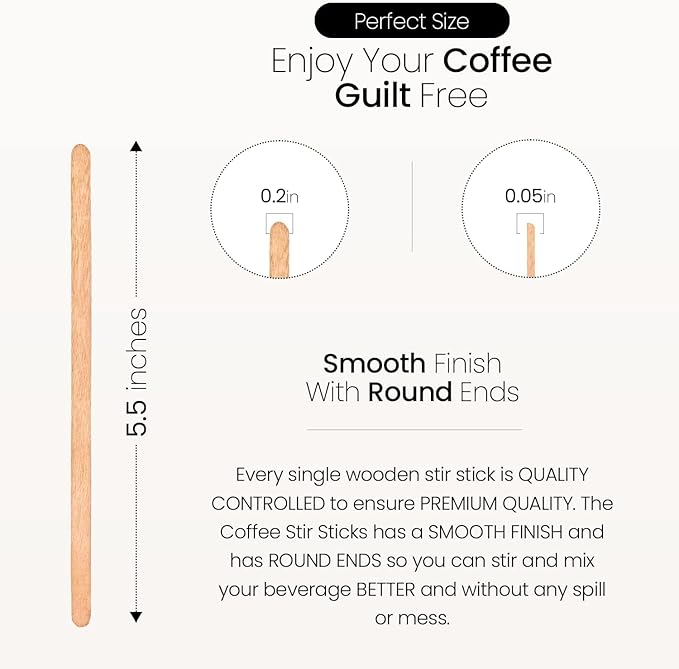 Coffee Stirrers Disposable Wooden Coffee Stir Sticks - Round-End Birchwood 5.5 Inches Large Wooden Stir Sticks - Pack of 2000 Wood Stir Sticks
