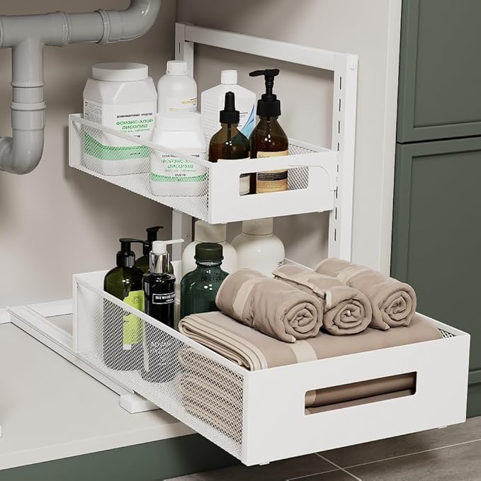Petiza Under Sink Organizer Adjustable Height 2 Tier Bathroom Organizer Pull Out Cabinet Organer kitchen organizers and storage fridge organizers and storage,White,XL-1 Pack