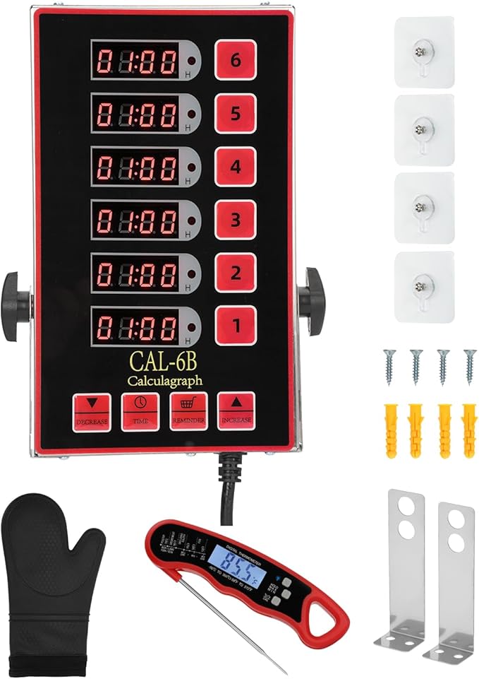 Commercial Kitchen Timer, 6 Channel Timer Restaurant Kitchen Supplies, Heavy-Duty Timer - Stainless Steel | Digital LED Technology | Reminder Function | Loud Alarm
