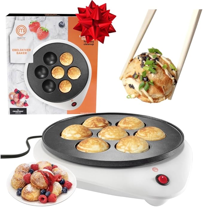 MasterChef Electric Ebelskiver Maker Delicious Homemade Japanese Takoyaki, Donut Holes, Cake Pops, Octopus Balls, Aebleskivers, Danish- Nonstick Easy Clean Appliance, Fun Gift