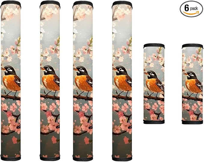 6 PCS Refrigerator Door Handle Covers Electric Appliance Handles Decor Anti-Skid Protector Gloves for Fridge Oven Kitchen Cabinet Home Decor, American Robin Bird Pink Flower Gray