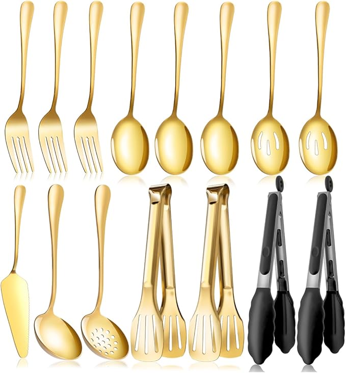 Gold Serving Utensils Set for Partie, Stainless Steel Metal Large Serving Spoons, Slotted Spoons, Forks, Tongs, Soup Spoons, Skimmer Spoon, Cake Server for Buffet, Catering, Entertaining 15pcs