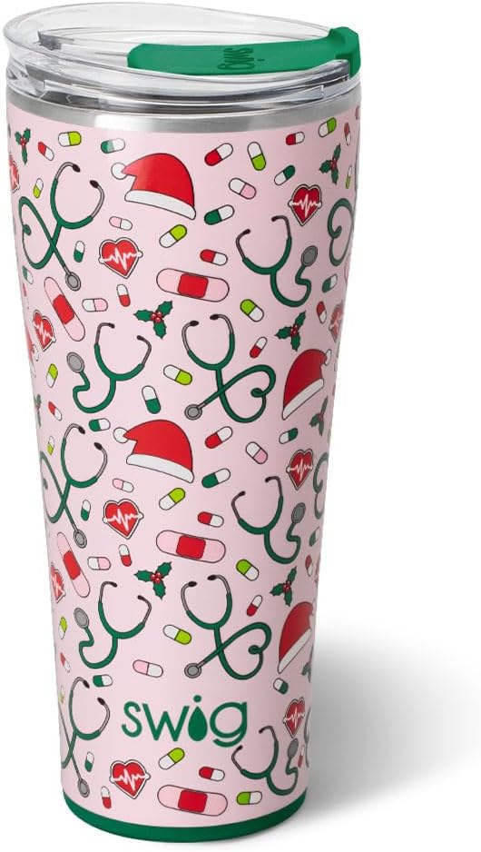 Swig Life 32oz Insulated Tumbler, Travel Coffee Tumbler with Lid, Cup Holder Friendly Travel Coffee Mug, Stainless Steel, 32 oz, Reusable Insulated Mug with Lid (Santa's Scrubs)