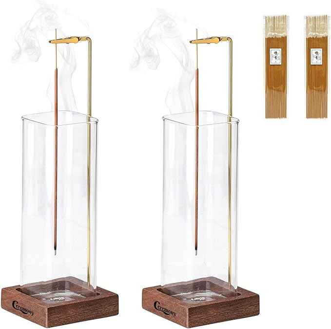 Ceremony Incense Holder,2Pack Wood Incense Holder for Sticks with Glass Ash Catcher,Incense Burner for Meditation Yoga Spa Room Decor
