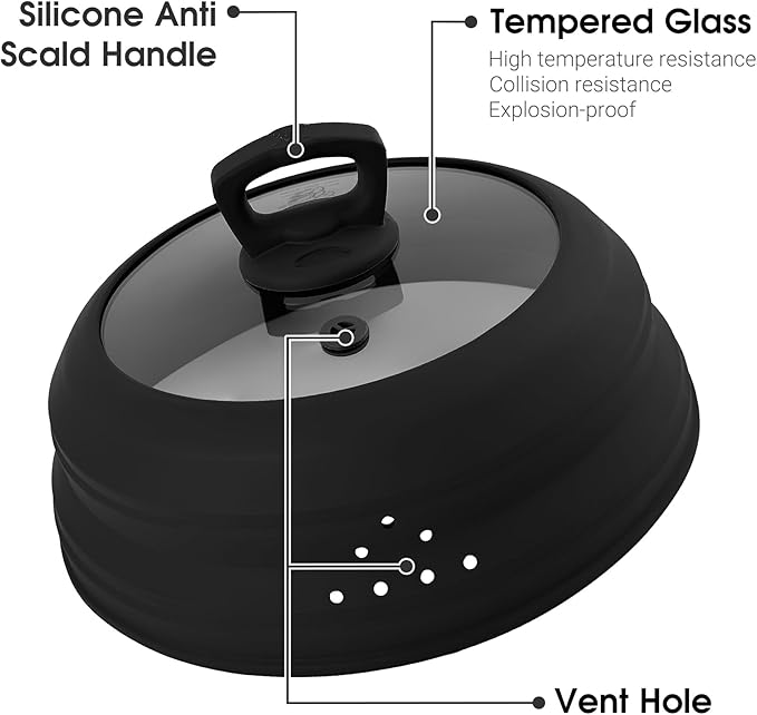 Microwave Splatter Cover Glass 10.5 Inch Microwave Cover for Food with Handle Collapsible Silicone Microwave Cover with Steam Vent for Pot Plate Bowl (Black)