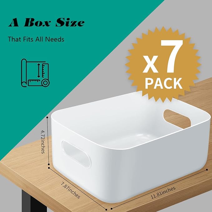 OWill 7-Pack 7.2 L Plastic Storage B-ins and Baskets for Efficient Home Classroom Organization - Small Containers in Multiple Colors for Kitchen, Cupboard Box, Bathroom Organizer on Shelves and Tubs