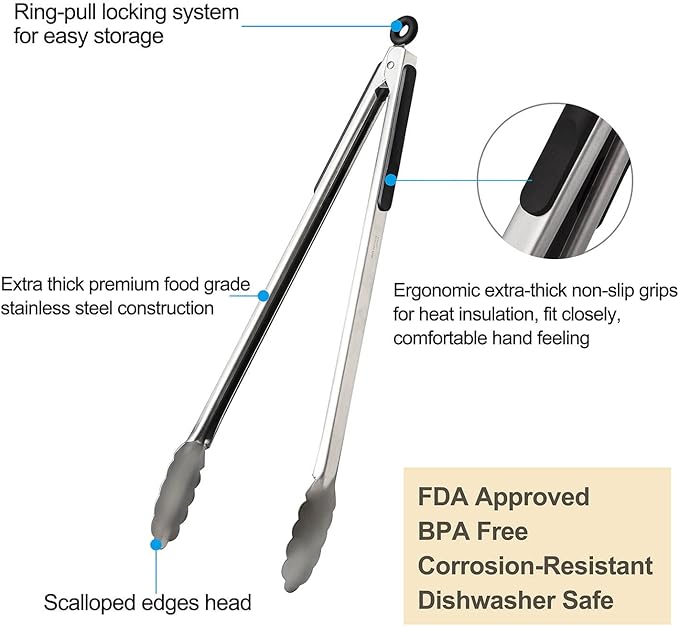 Grill Tongs, 16" Long BBQ Tongs, Premium Stainless Steel Locking Tongs Metal Tongs with Non-slip Handle for Outdoor Grill, BBQ/Barbecue, Cooking