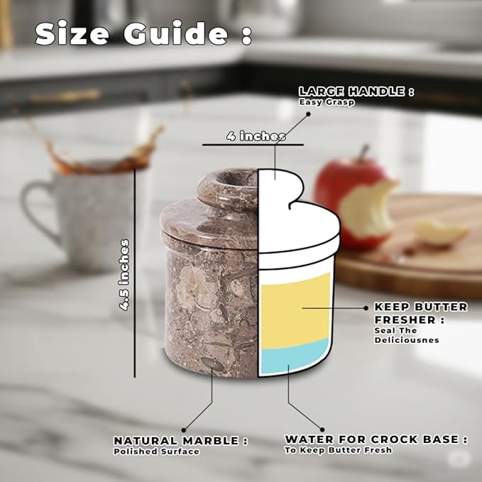 Marble Butter Keeper French Butter Dish Crock with Lid Handcrafted Grey Fossil Marble