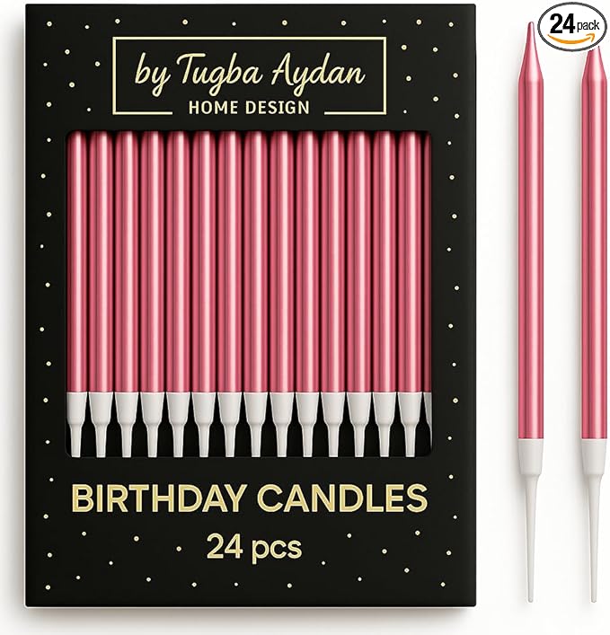 by Tugba Aydan - Pink Birthday Candles - 24 Count Long Thin Pink Birthday Candles for Cake, Metallic Cake Candle for Birthday, Party Candles